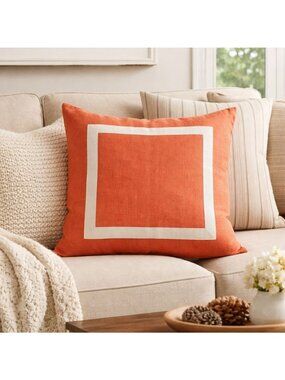 Pottery Barn 100% Linen Pillow COVER 22" x 22" Square Zipper Orange Coral